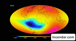 In an area stretching from Africa to South America, Earth s magnetic field is gradually weakening